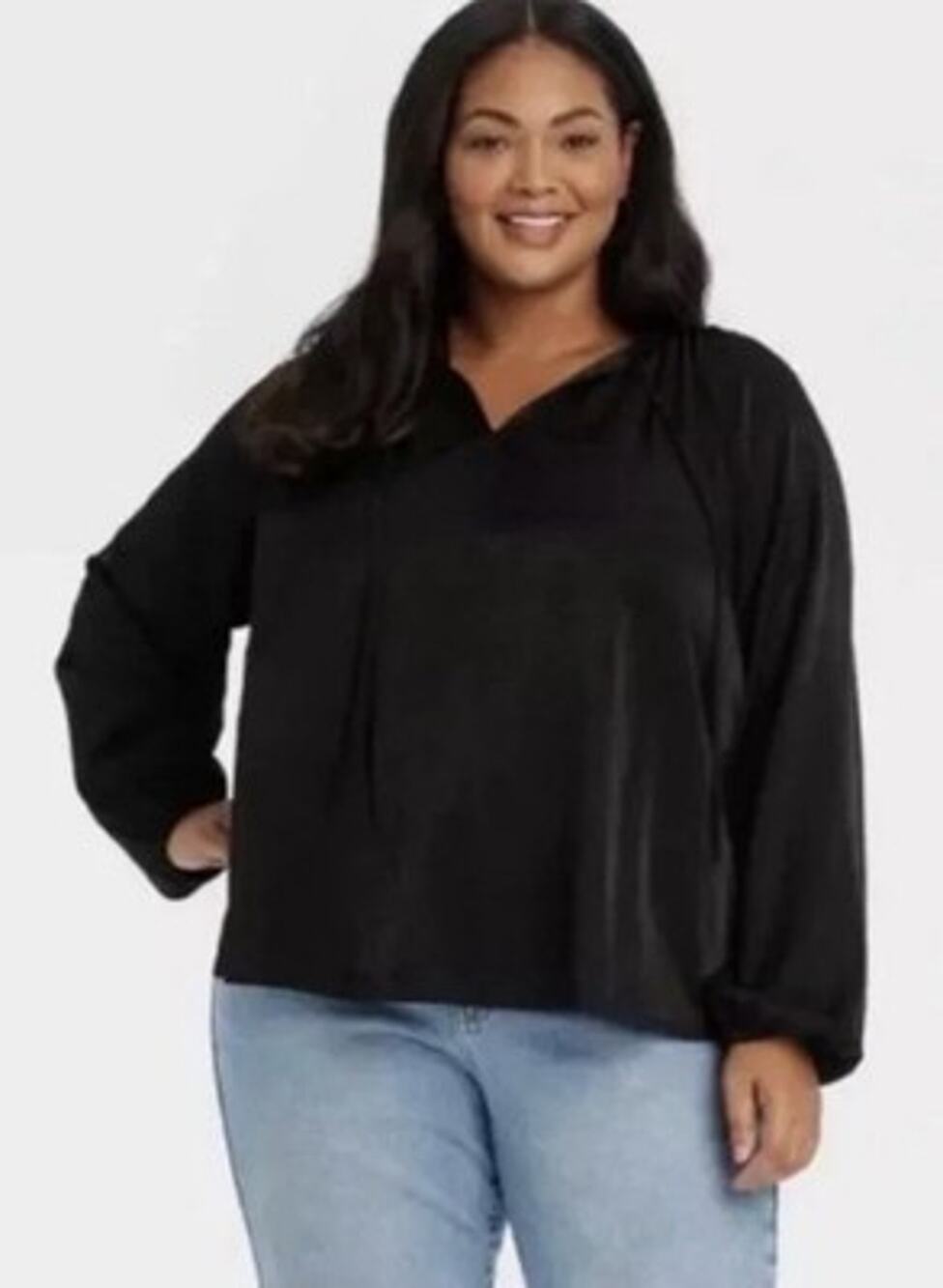 Ava & Viv Shirt Womens Sz 1XL Black Balloon Sleeve Tie V-Neck New